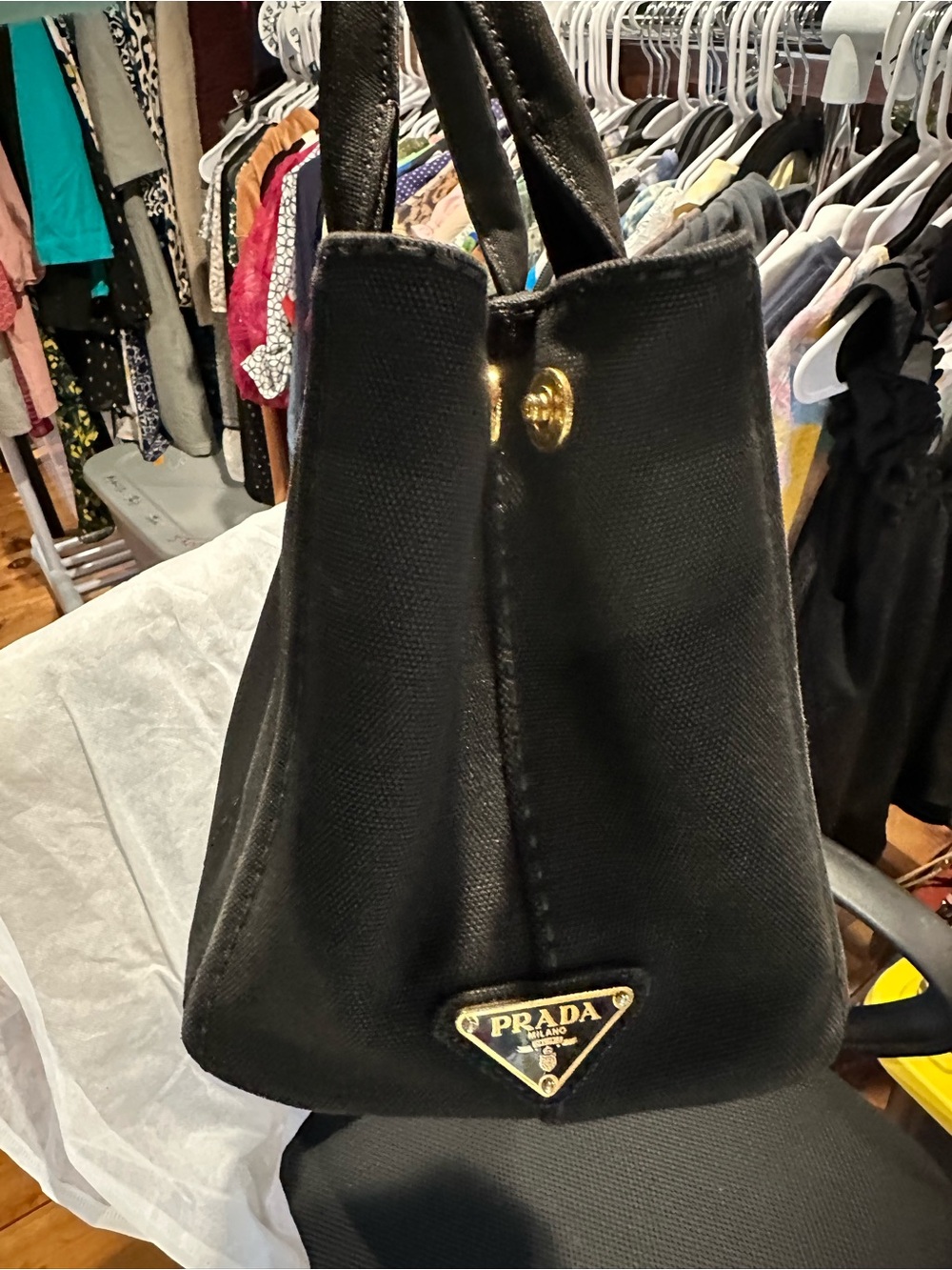 Prada Black Canapa Tote with White Logo - Picture 6 of 11